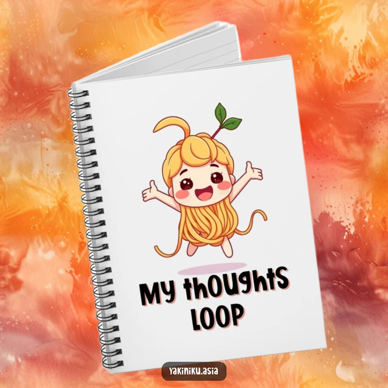 Funny noodle character doing a joyful loop-the-loop on a notebook, encouraging fun note-taking, a creative funny gift.