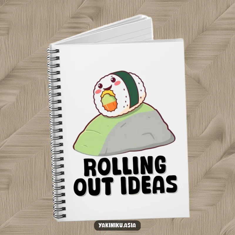 Funny notebook with a stylized piece of sushi gleefully rolling down a hill, representing food fun and adventure. Ideal funny gift.
