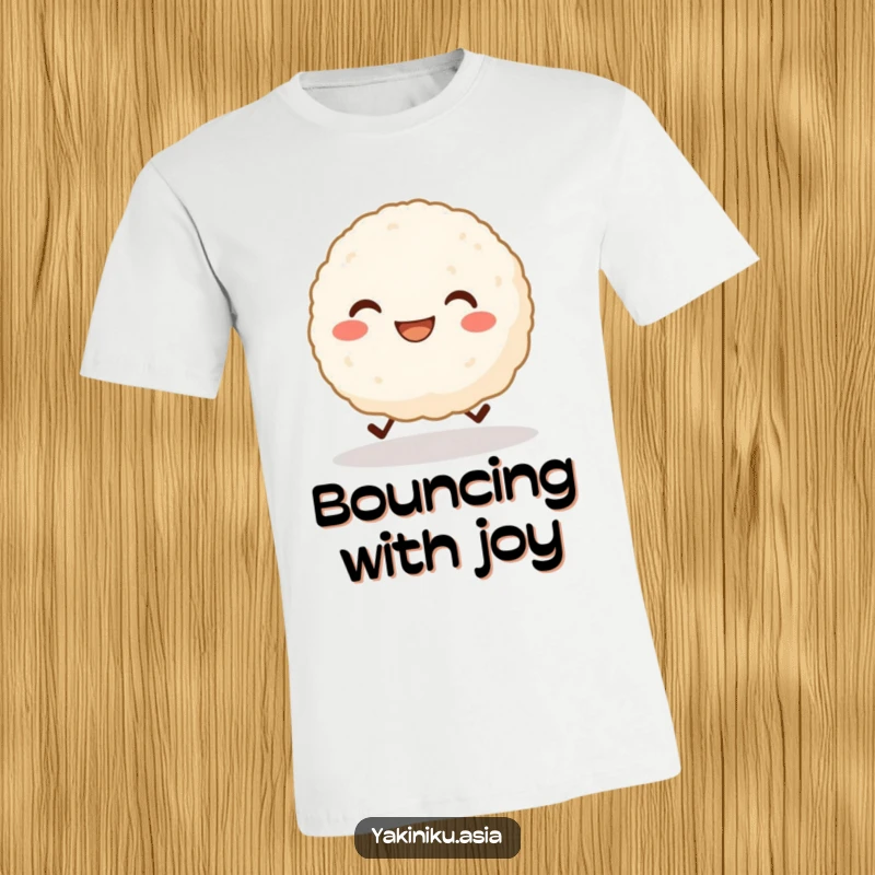 Funny t-shirt with a grinning rice ball character with tiny legs cheerfully skipping, showing pure joy and cuteness. Wonderful funny gift.