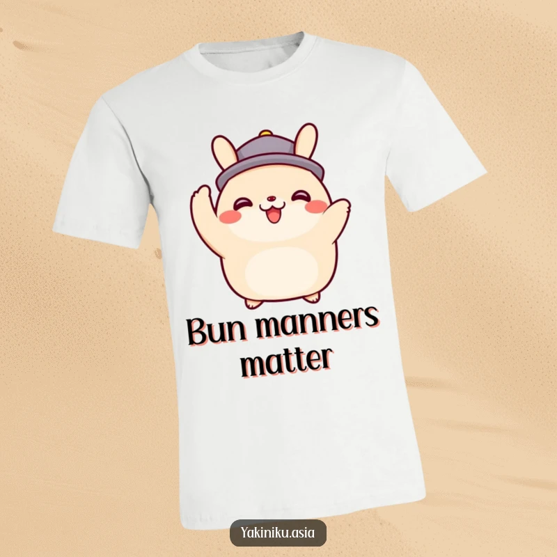Funny happy bao bun character tipping an imaginary hat on a t-shirt, radiating friendliness and charm, a stylish funny gift.