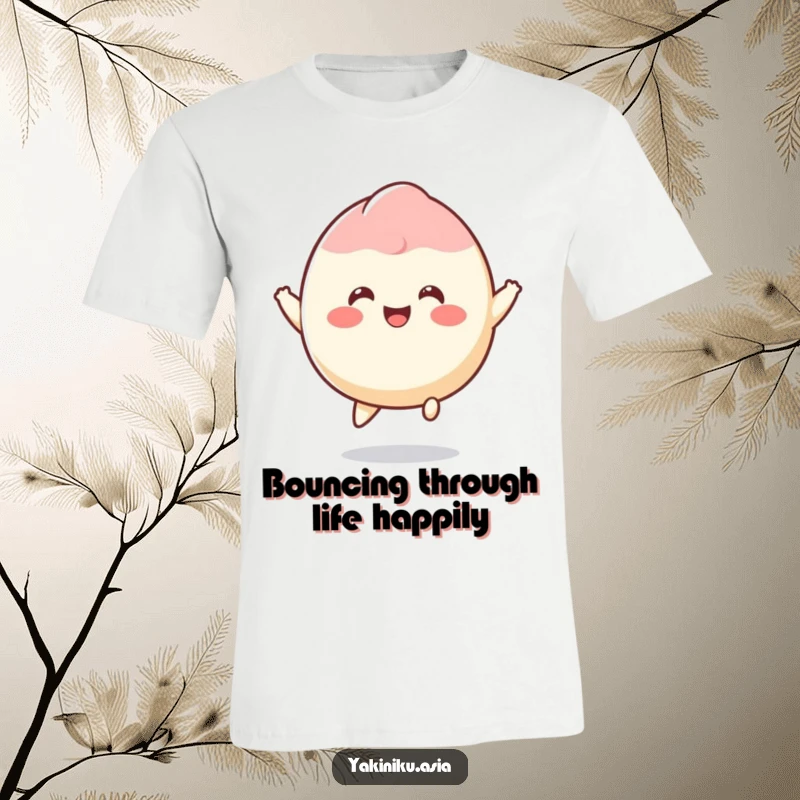 Funny mochi t-shirt featuring a smiling dessert character bouncing energetically with pure happiness and joy.