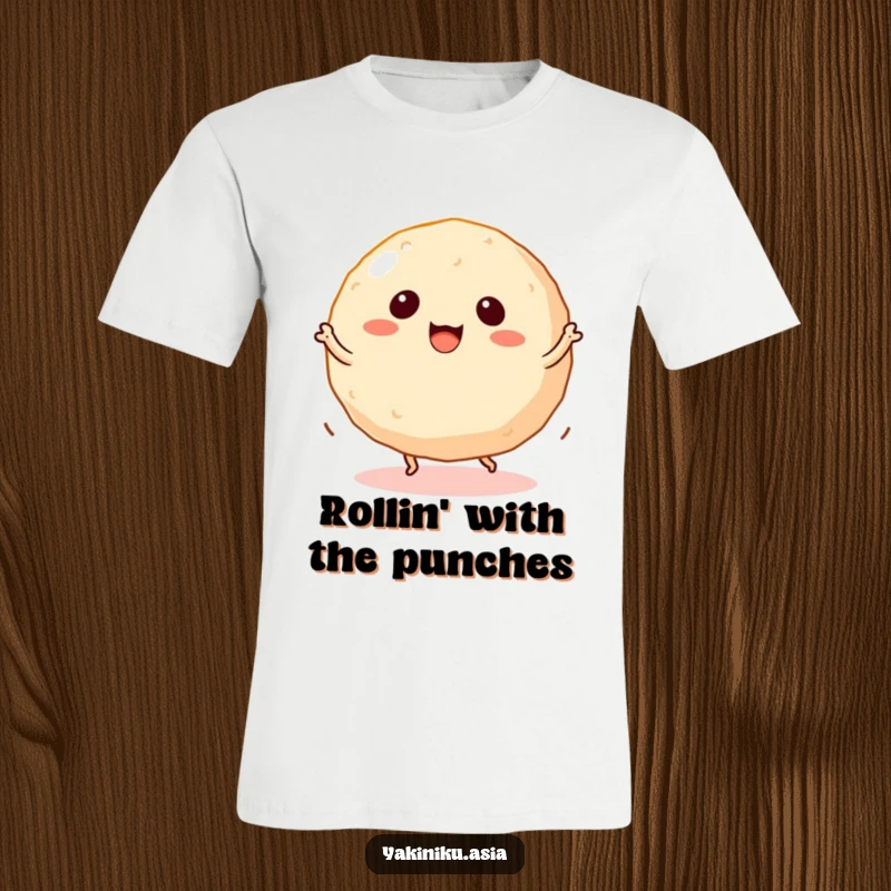 Funny takoyaki t-shirt featuring a dancing ball snack with tiny legs spinning around, showcasing culinary fun.