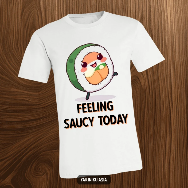 Funny sushi roll t-shirt, mid-cartwheel with a joyous expression, a dynamic and humorous piece of apparel.