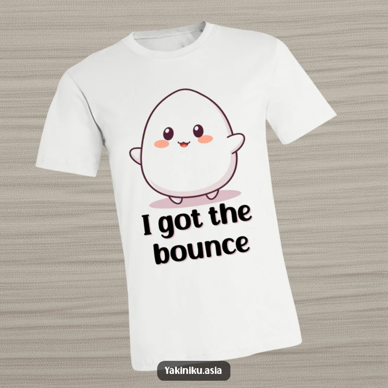 Funny mochi t-shirt, captured bouncing playfully with simple eyes, a comfortable and humorous piece of apparel.