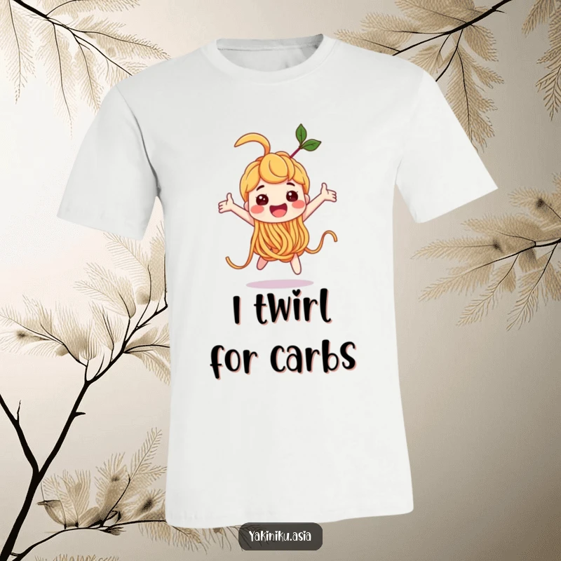 Funny noodle character doing a joyful loop-the-loop on a t-shirt, showcasing boundless energy and happiness, an awesome funny gift.