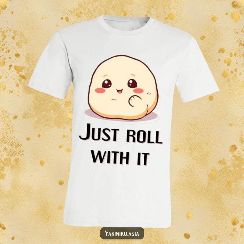 Funny dumpling t-shirt, joyfully rolling with wide eyes, a comfortable and humorous piece of apparel.