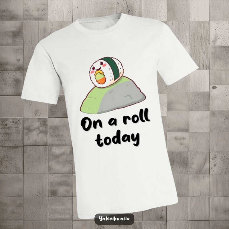 Funny t-shirt with a stylized piece of sushi gleefully rolling down a hill, showcasing food adventure and humor. Wonderful funny gift.