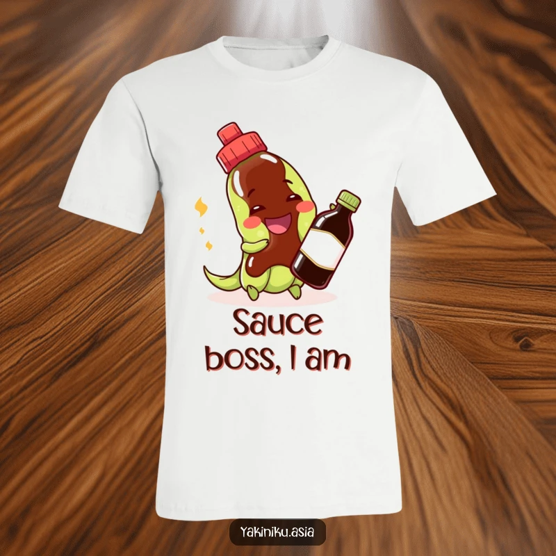 Funny edamame t-shirt featuring a cheerful grinning bean character playing with a soy sauce bottle, perfect for food enthusiasts.