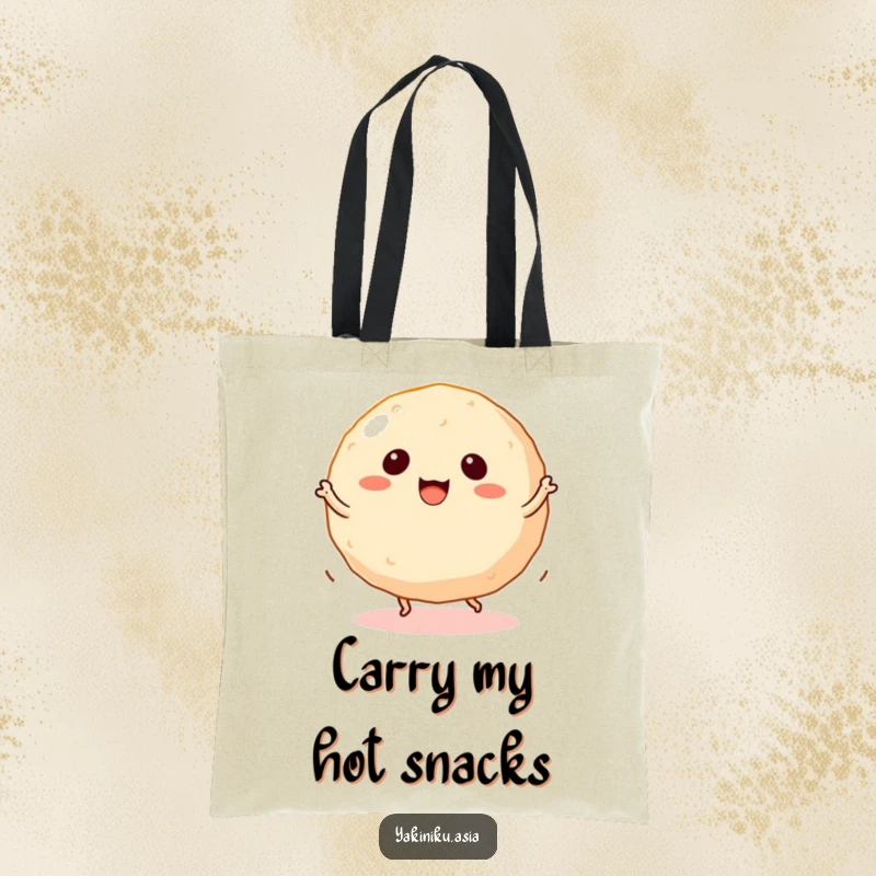 Funny takoyaki tote bag featuring a dancing ball snack with tiny legs spinning, perfect for carrying daily items.