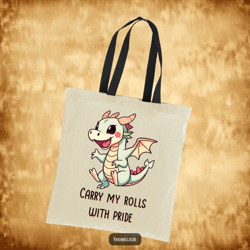 Funny tote bag showcasing a cartwheeling sushi dragon roll, perfect for grocery runs or beach days, radiating playful energy.