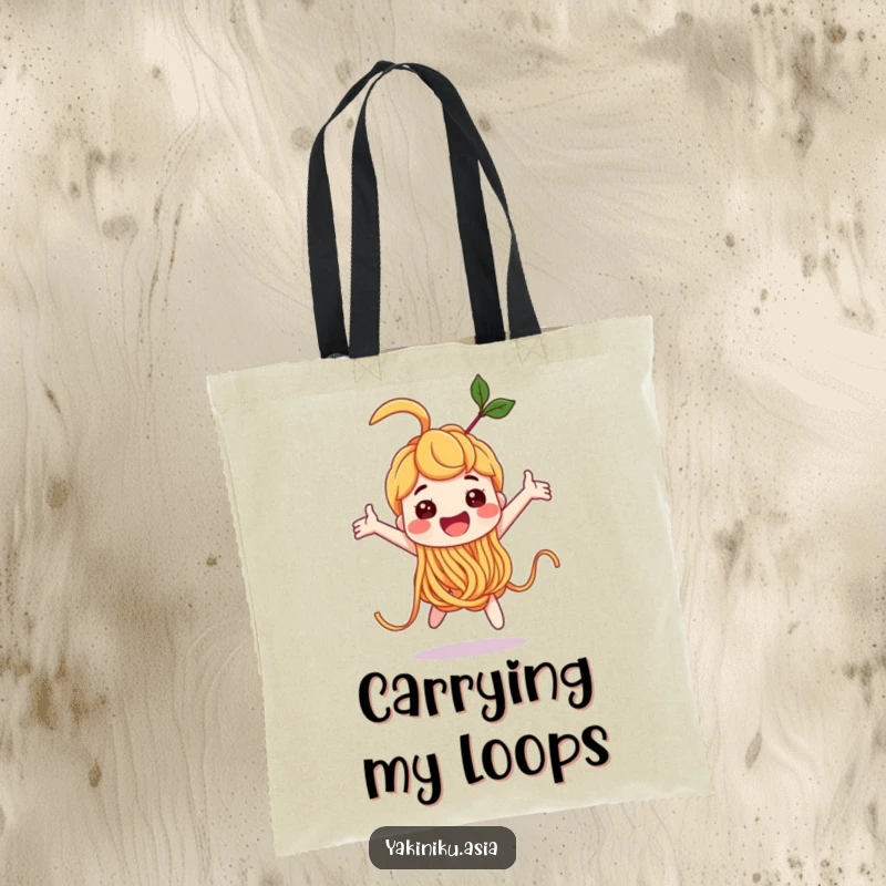 Funny noodle character doing a joyful loop-the-loop on a tote bag, perfect for errands and spreading smiles, a great funny gift.