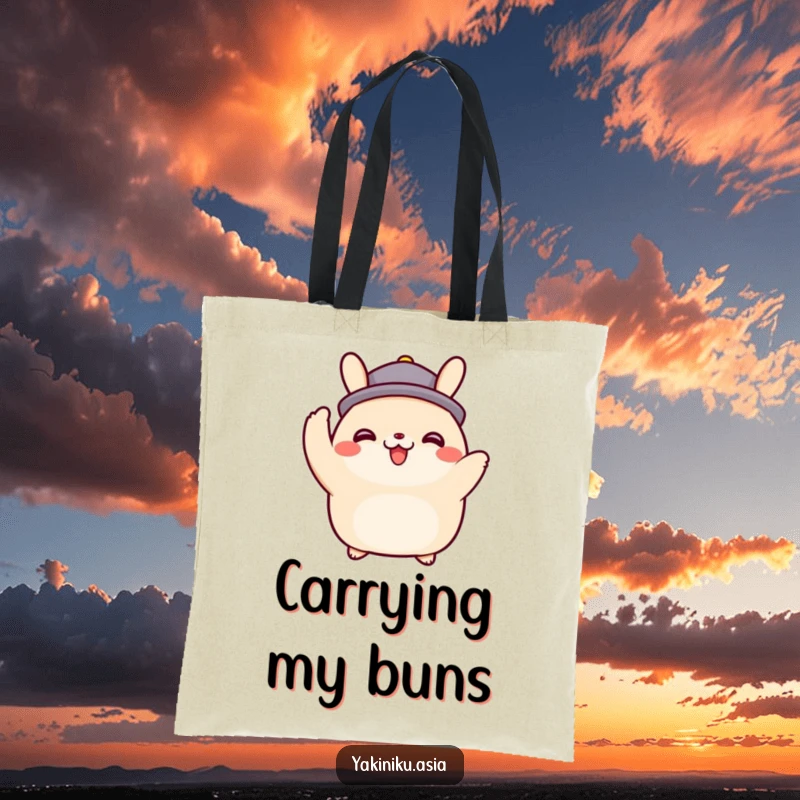 Funny happy bao bun character tipping an imaginary hat on a tote bag, great for shopping and spreading cheer, a lovely funny gift.