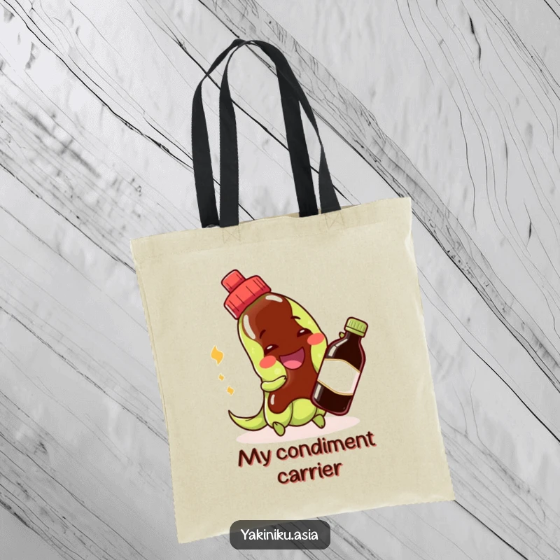 Funny edamame tote bag featuring a cheerful bean playing with a soy sauce bottle, perfect for carrying goodies.