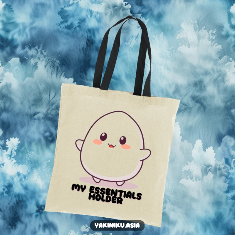 Funny mochi roll tote bag, bouncing playfully with simple eyes, a humorous and practical accessory for every day.
