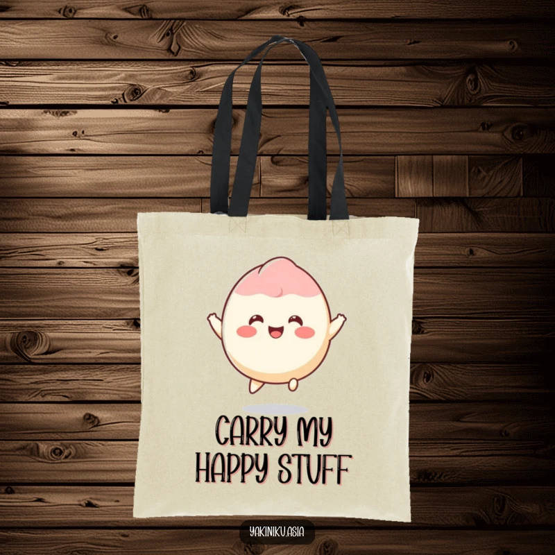 Funny mochi tote bag featuring a smiling dessert character happily bouncing with joy, perfect for carrying items.