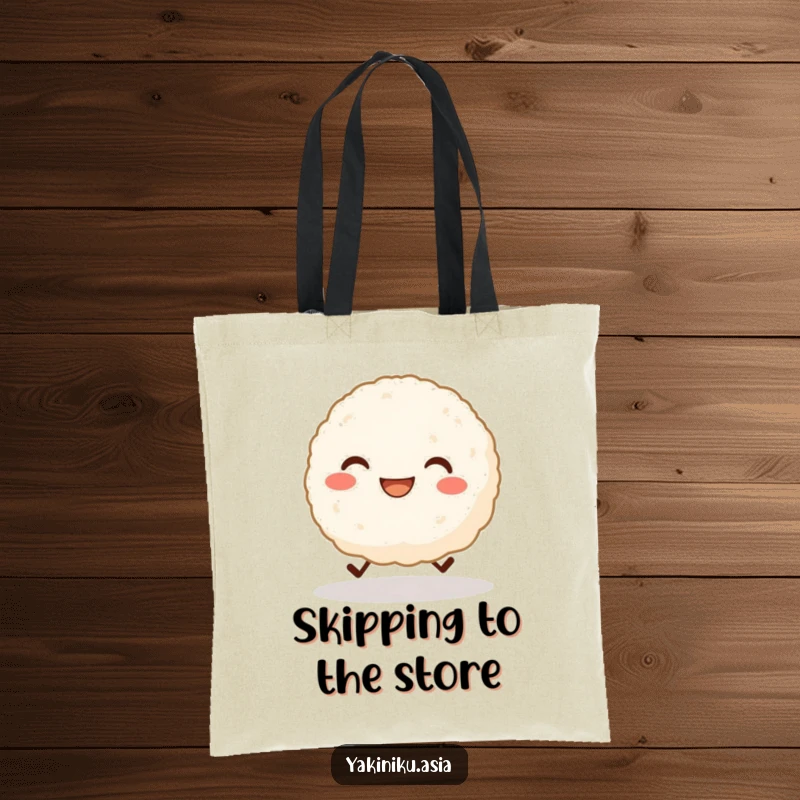 Funny tote bag with a grinning rice ball character with tiny legs cheerfully skipping, perfect for happy outings. Great funny gift.