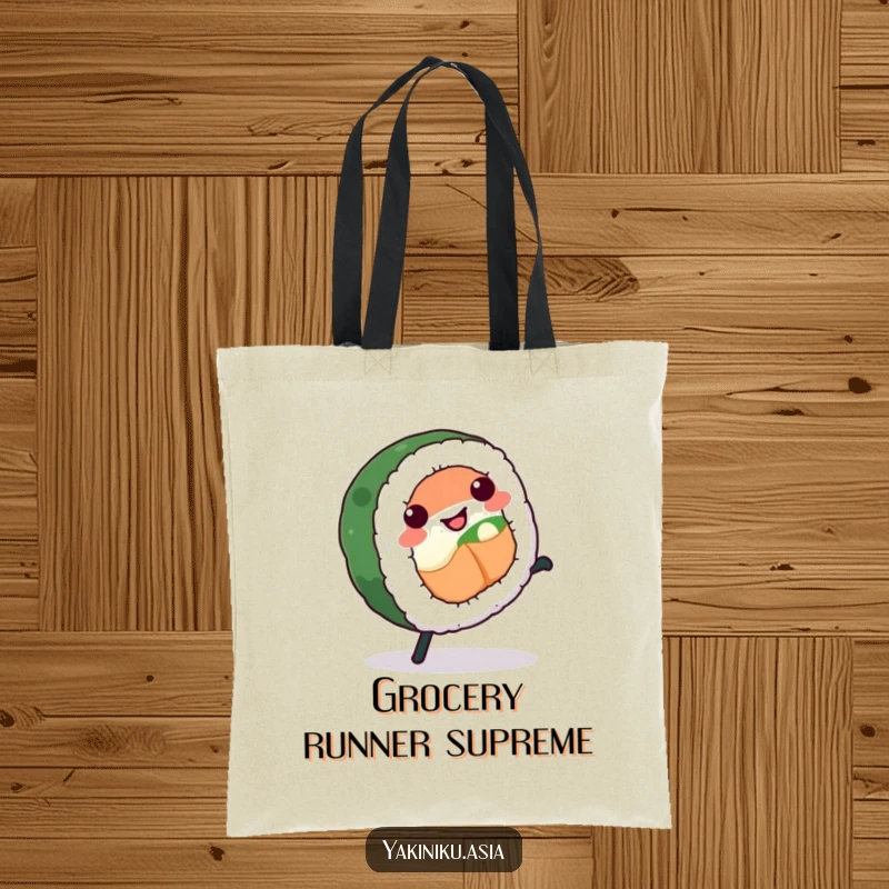 Funny sushi roll tote bag, performing a triumphant cartwheel, a humorous and practical accessory for every day.