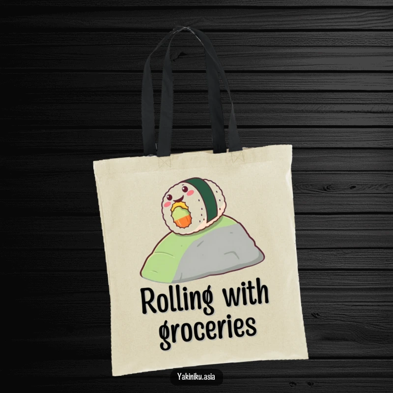 Funny tote bag with a stylized piece of sushi gleefully rolling down a hill, perfect for foodie adventures. Great funny gift.