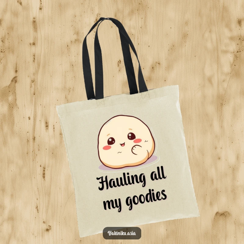 Funny dumpling roll tote bag, moving happily across a surface, a humorous and practical accessory for every day.